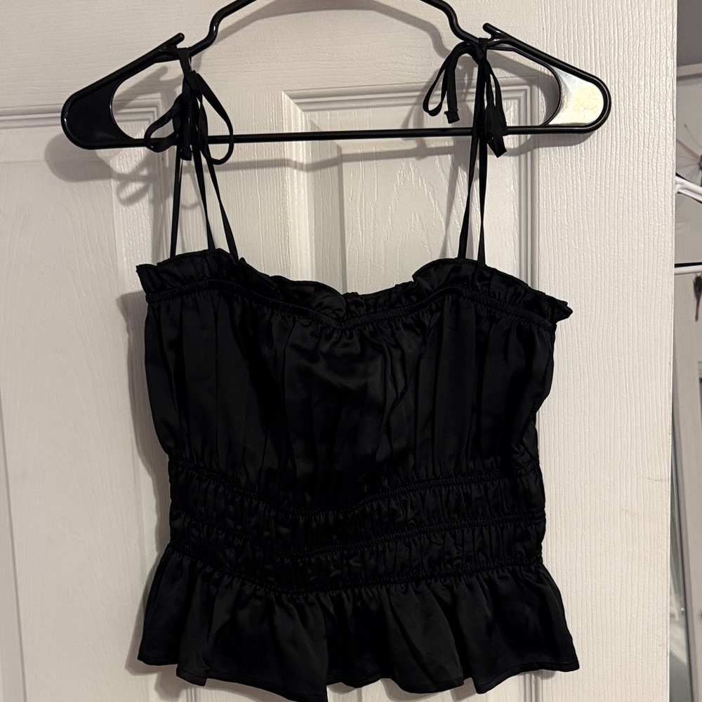 miami Black Tie-Shoulder Smocked Peplum Camisole